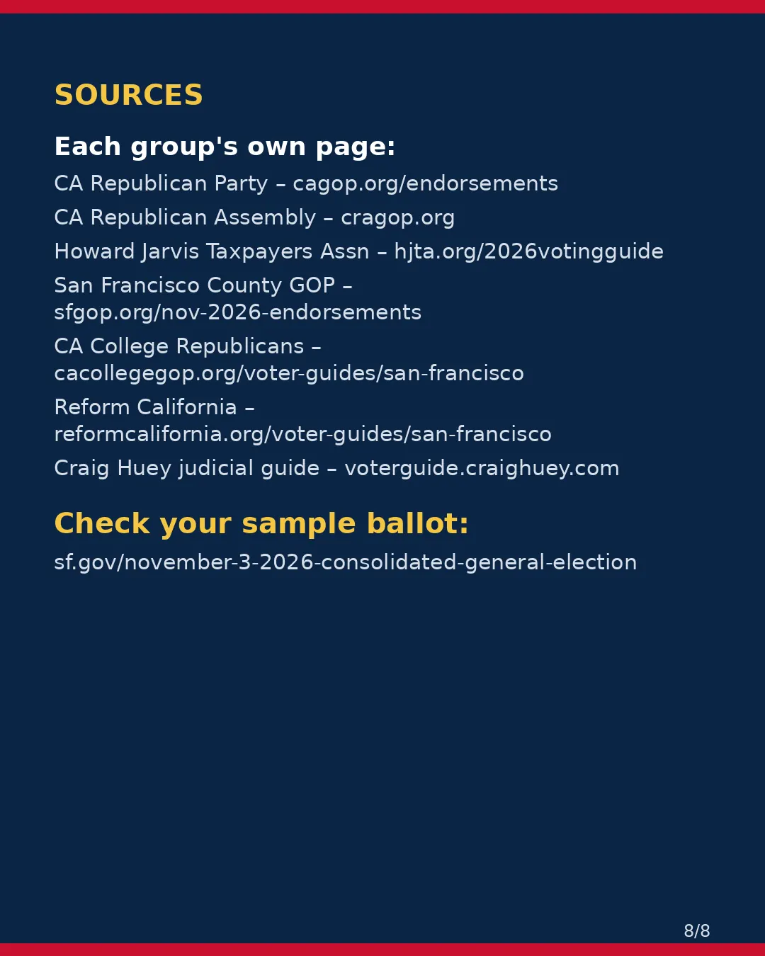San Francisco County, Nov 3, 2026: where conservative groups stand on your ballot. (8/8)